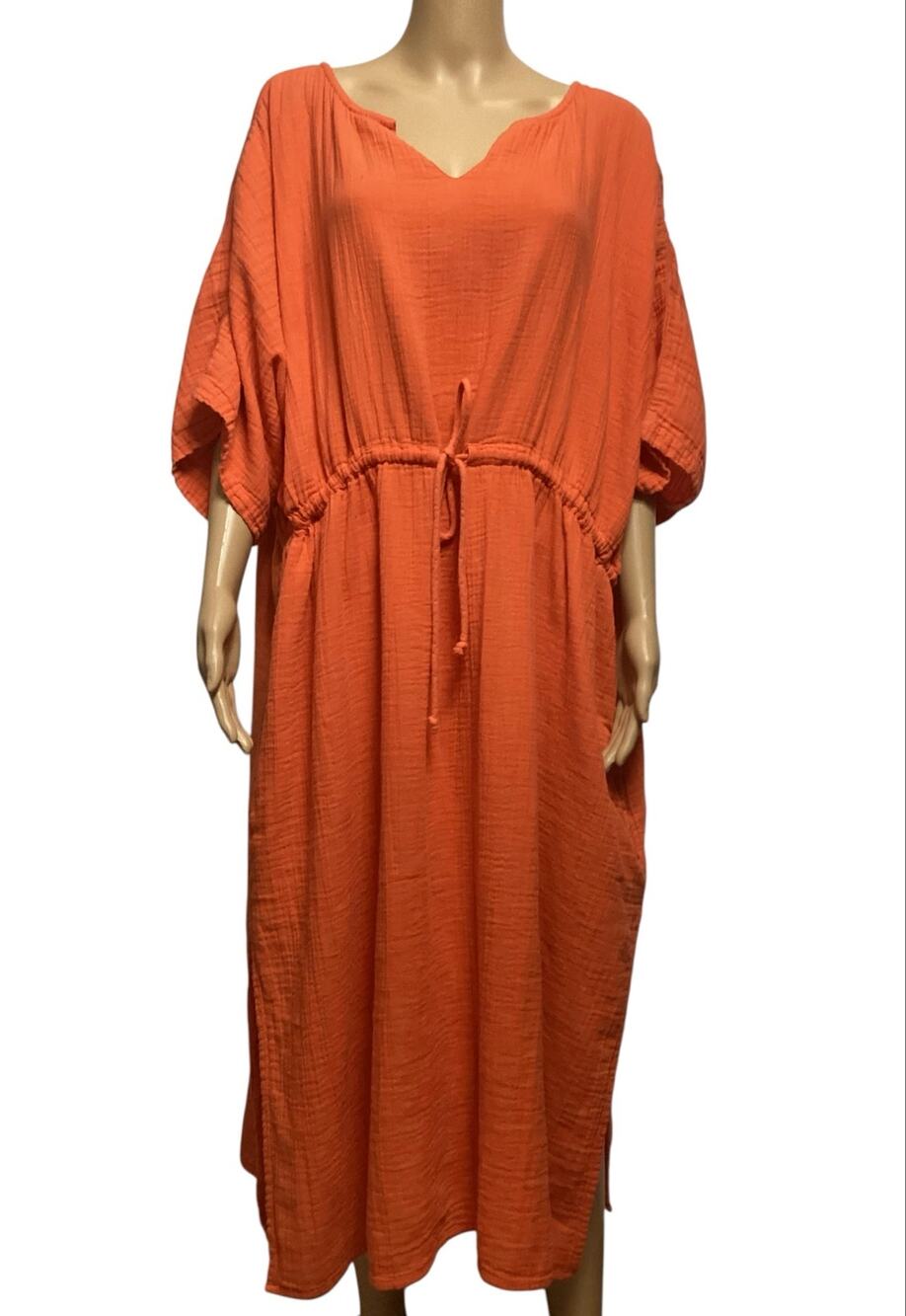 Kings Road Orange Cotton Gauze Drawstring Kaftan Maxi Dress Boho Loungewear OS
